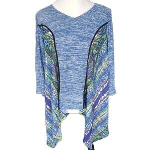 Poeme By Citron Women Size Small Blue Colorful Mixed Media 3/4 Sleeve Blouse USA